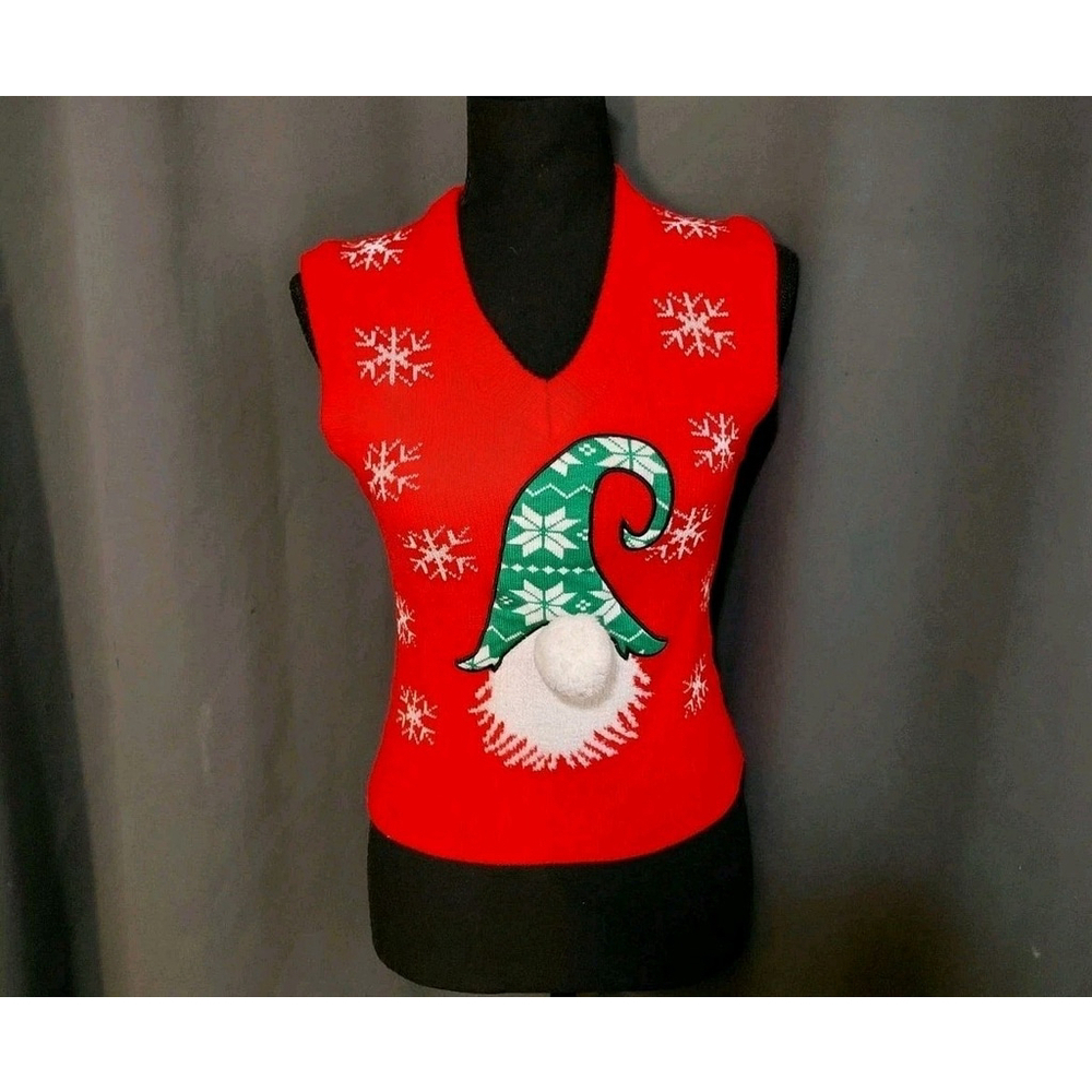 Merry Christmas by Poof NY Red Christmas Holiday Gnome Sweater Pom Pom Vest XS